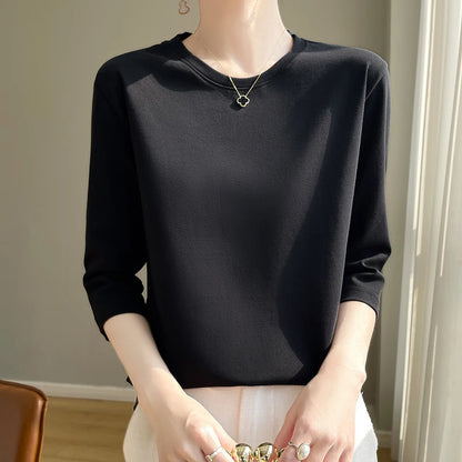 Mercerized Cotton Cropped Sleeve Female Spring And Summer 2023 New Round Neck Loose 100% Cotton Short Sleeve Bottoming T-Shirt