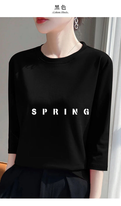 Mercerized Cotton Cropped Sleeve Female Spring And Summer 2023 New Round Neck Loose 100% Cotton Short Sleeve Bottoming T-Shirt