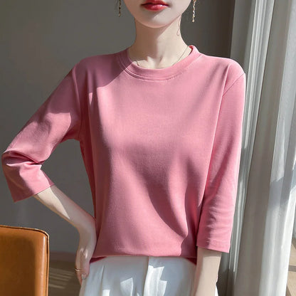 Mercerized Cotton Cropped Sleeve Female Spring And Summer 2023 New Round Neck Loose 100% Cotton Short Sleeve Bottoming T-Shirt