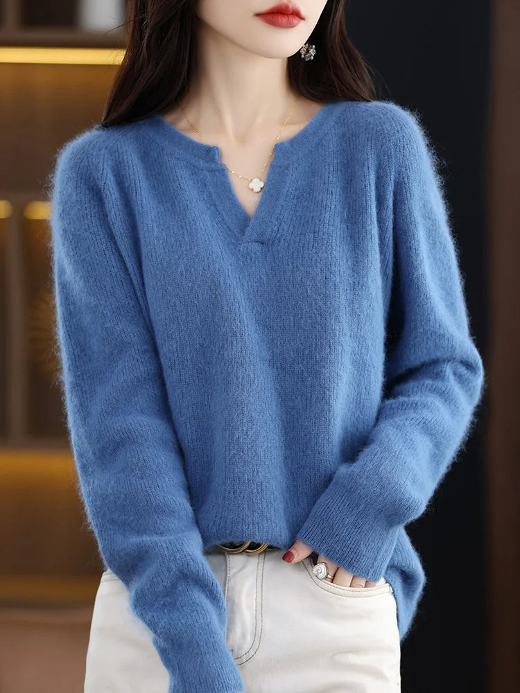 Elegant V-Neck Mink Cashmere Sweater