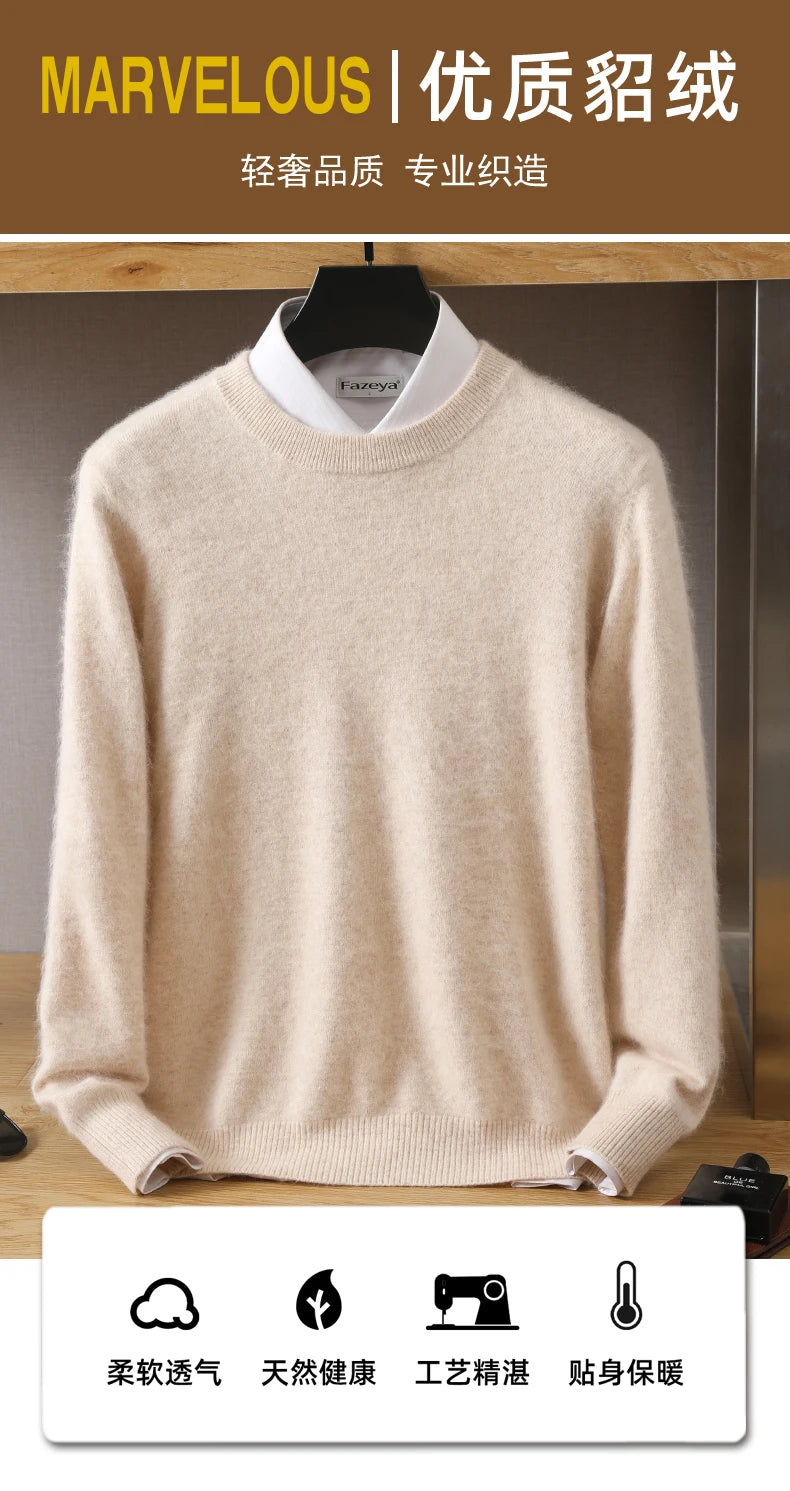 Men's 100% Pure Mink Cashmere Sweater O-Neck Pullovers Knit Sweater Autumn and Winter New Long Sleeve High-End Jumpers Mink Tops