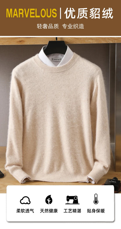 Men's 100% Pure Mink Cashmere Sweater O-Neck Pullovers Knit Sweater Autumn and Winter New Long Sleeve High-End Jumpers Mink Tops