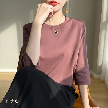 Mercerized Cotton Cropped Sleeve Female Spring And Summer 2023 New Round Neck Loose 100% Cotton Short Sleeve Bottoming T-Shirt