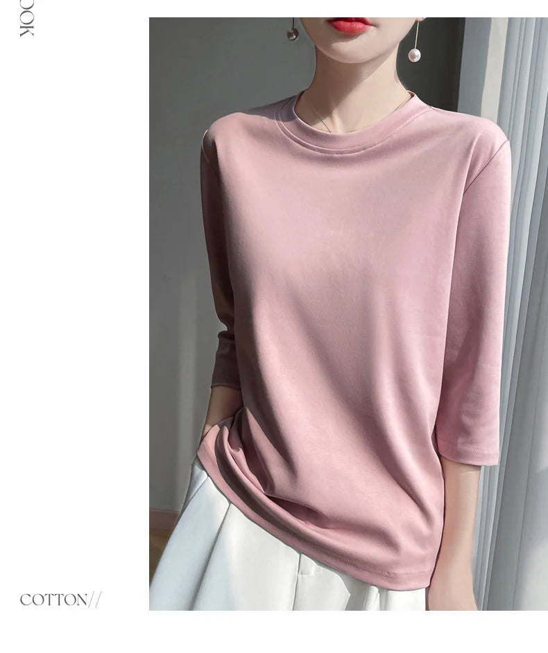 Mercerized Cotton Cropped Sleeve Female Spring And Summer 2023 New Round Neck Loose 100% Cotton Short Sleeve Bottoming T-Shirt