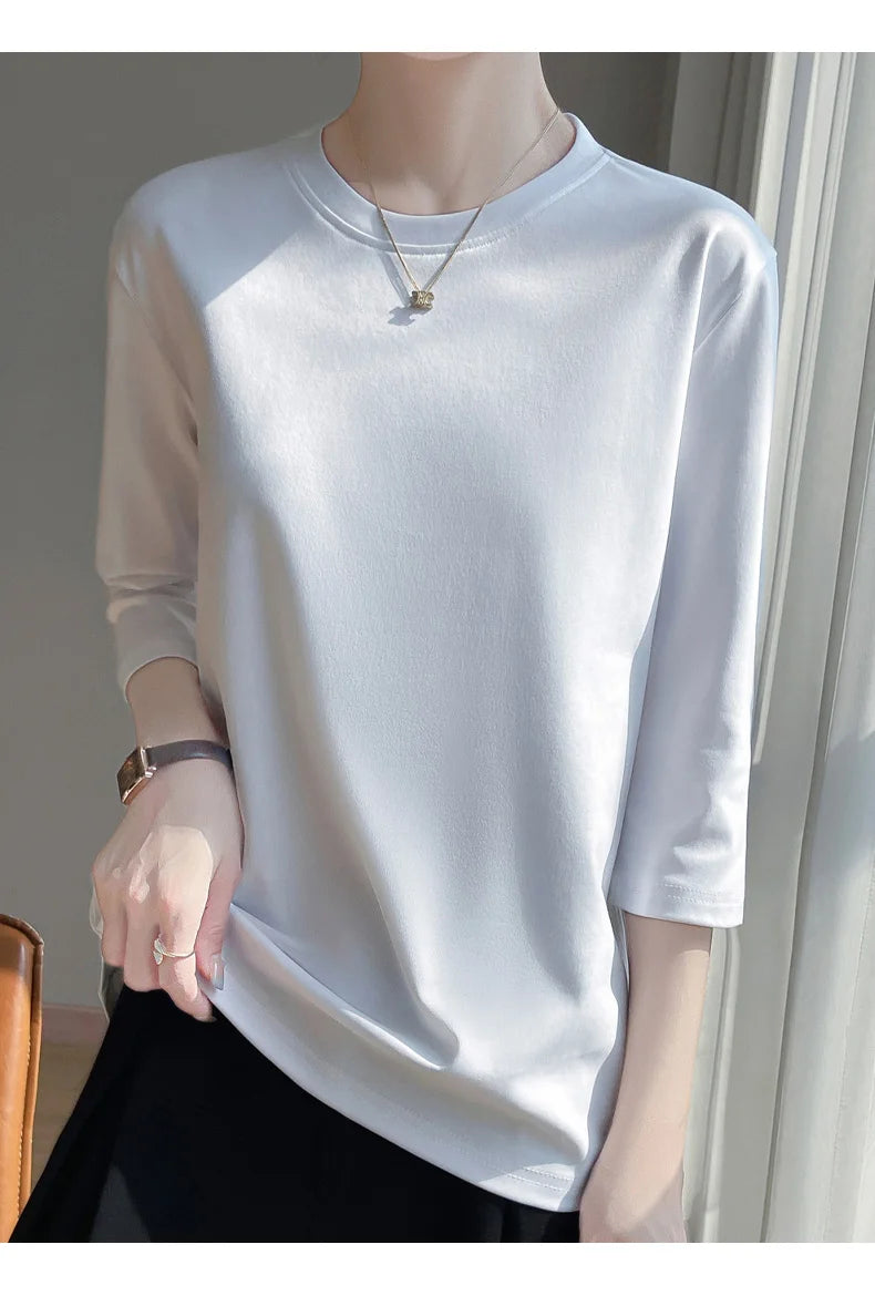 Mercerized Cotton Cropped Sleeve Female Spring And Summer 2023 New Round Neck Loose 100% Cotton Short Sleeve Bottoming T-Shirt