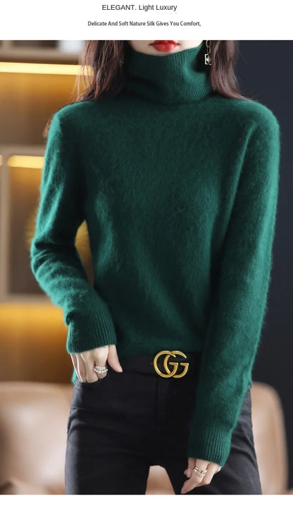 New Women's Clothing For Autumn/Winter 2024 100% Mink Plush Turtleneck Pullover Sweater Ladies Cashmere Sweater Dbr-018