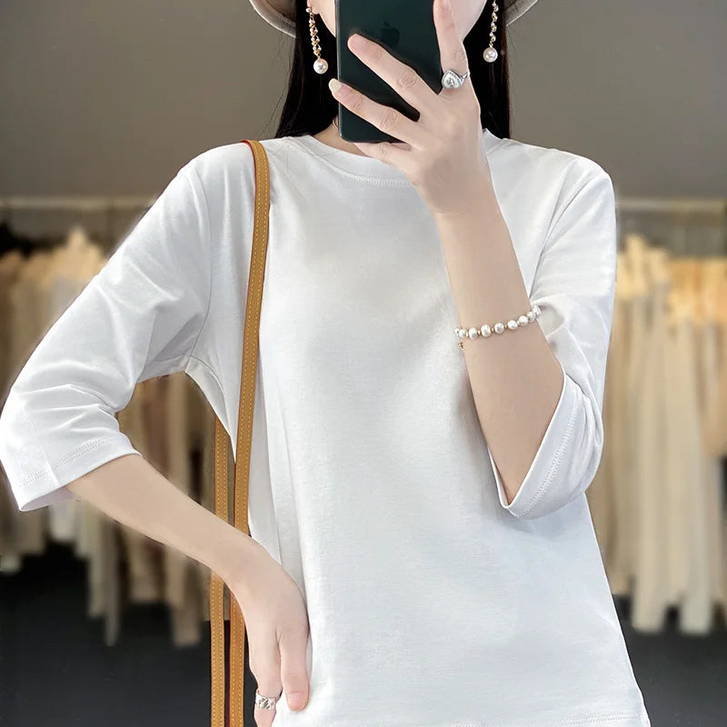 Mercerized Cotton Cropped Sleeve Female Spring And Summer 2023 New Round Neck Loose 100% Cotton Short Sleeve Bottoming T-Shirt