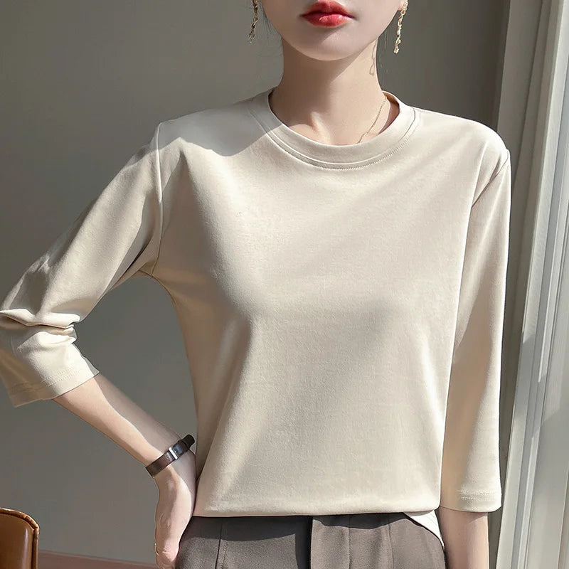 Mercerized Cotton Cropped Sleeve Female Spring And Summer 2023 New Round Neck Loose 100% Cotton Short Sleeve Bottoming T-Shirt