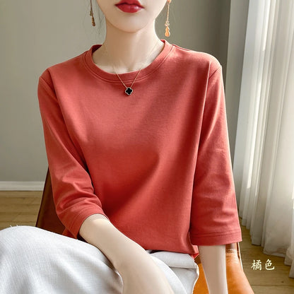 Mercerized Cotton Cropped Sleeve Female Spring And Summer 2023 New Round Neck Loose 100% Cotton Short Sleeve Bottoming T-Shirt