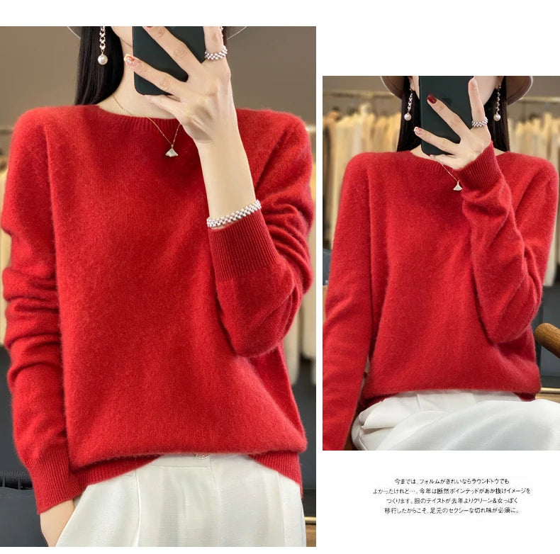 100% Merino Wool Sweater Women O-neck Cashmere Knitwear Female Pullover Autumn Winter Casual Tops Solid Color Soft  Clothing