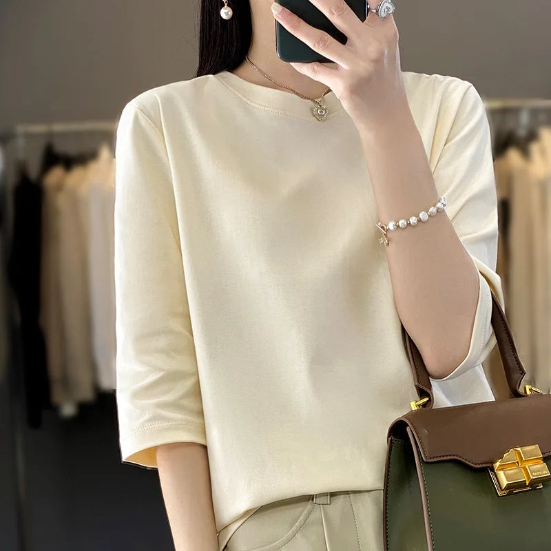 Mercerized Cotton Cropped Sleeve Female Spring And Summer 2023 New Round Neck Loose 100% Cotton Short Sleeve Bottoming T-Shirt