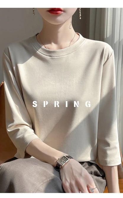 Mercerized Cotton Cropped Sleeve Female Spring And Summer 2023 New Round Neck Loose 100% Cotton Short Sleeve Bottoming T-Shirt