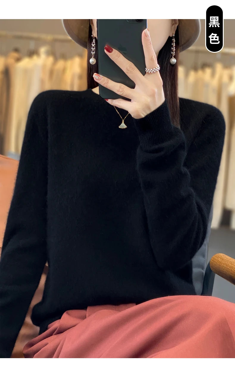 100% Merino Wool Sweater Women O-neck Cashmere Knitwear Female Pullover Autumn Winter Casual Tops Solid Color Soft  Clothing