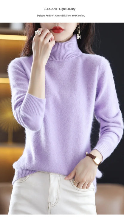 New Women's Clothing For Autumn/Winter 2024 100% Mink Plush Turtleneck Pullover Sweater Ladies Cashmere Sweater Dbr-018