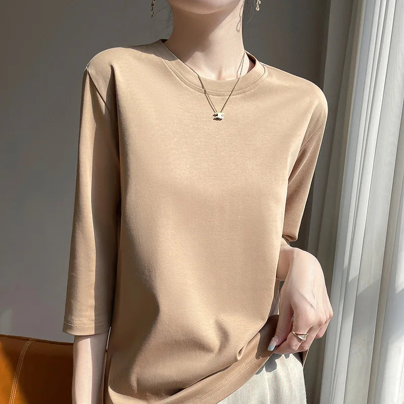 Mercerized Cotton Cropped Sleeve Female Spring And Summer 2023 New Round Neck Loose 100% Cotton Short Sleeve Bottoming T-Shirt