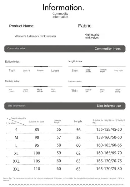 New Women's Clothing For Autumn/Winter 2024 100% Mink Plush Turtleneck Pullover Sweater Ladies Cashmere Sweater Dbr-018