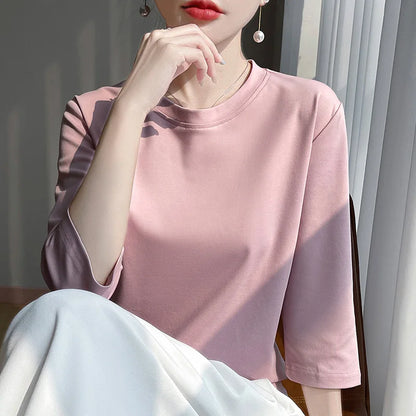 Mercerized Cotton Cropped Sleeve Female Spring And Summer 2023 New Round Neck Loose 100% Cotton Short Sleeve Bottoming T-Shirt