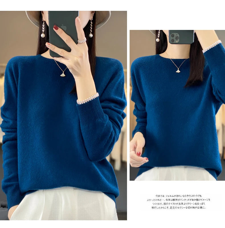 100% Merino Wool Sweater Women O-neck Cashmere Knitwear Female Pullover Autumn Winter Casual Tops Solid Color Soft  Clothing
