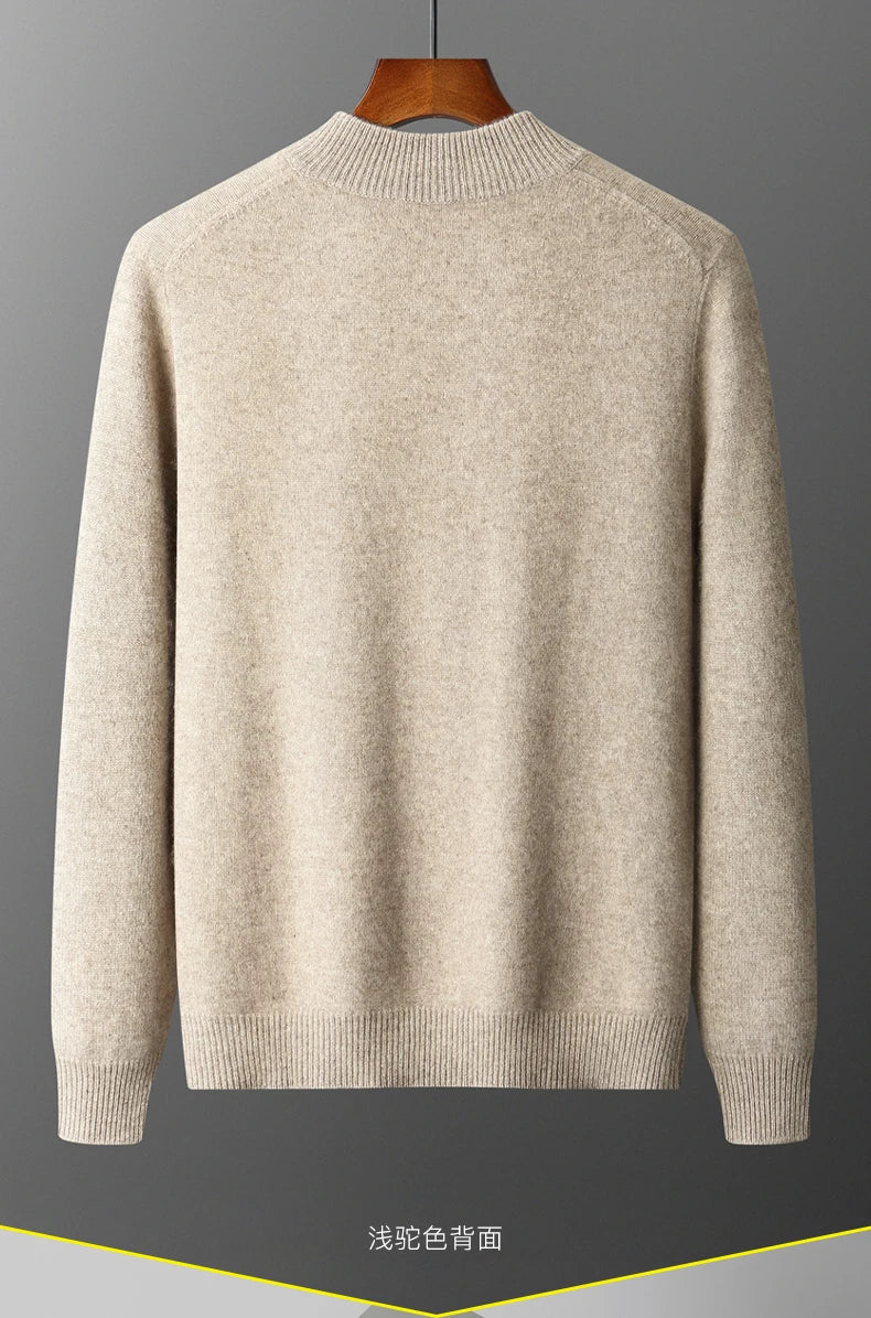 100% Merino Wool Men's Warm Sweater Mock Collar Thickened Zippered Cardigan Autumn Winter New Cashmere Knitted Long Sleeve Tops