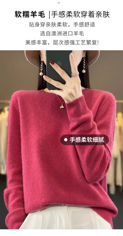 100% Merino Wool Sweater Women O-neck Cashmere Knitwear Female Pullover Autumn Winter Casual Tops Solid Color Soft  Clothing