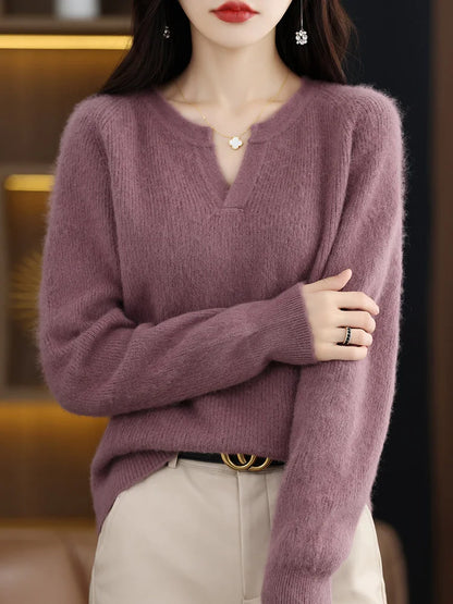 Elegant V-Neck Mink Cashmere Sweater