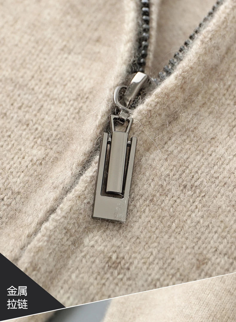 100% Merino Wool Men's Warm Sweater Mock Collar Thickened Zippered Cardigan Autumn Winter New Cashmere Knitted Long Sleeve Tops