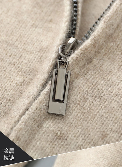 100% Merino Wool Men's Warm Sweater Mock Collar Thickened Zippered Cardigan Autumn Winter New Cashmere Knitted Long Sleeve Tops