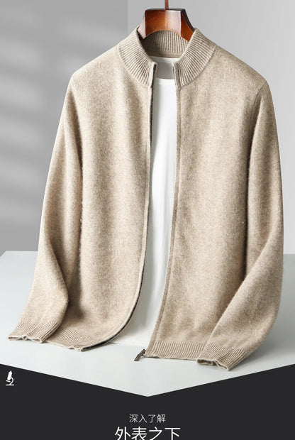 100% Merino Wool Men's Warm Sweater Mock Collar Thickened Zippered Cardigan Autumn Winter New Cashmere Knitted Long Sleeve Tops