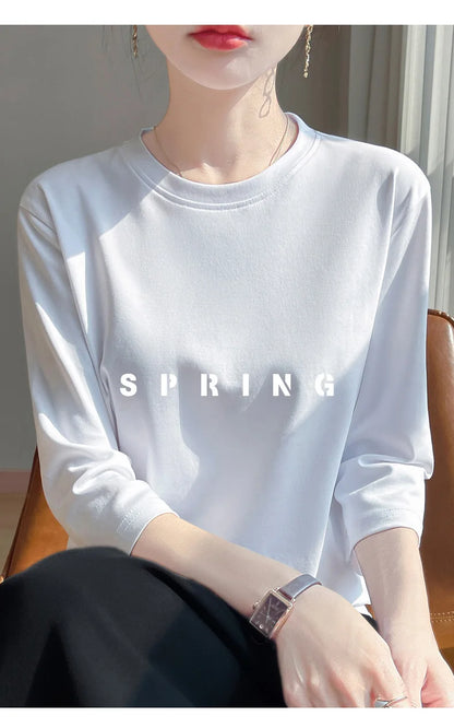 Mercerized Cotton Cropped Sleeve Female Spring And Summer 2023 New Round Neck Loose 100% Cotton Short Sleeve Bottoming T-Shirt