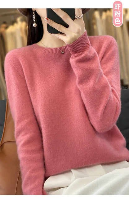 100% Merino Wool Sweater Women O-neck Cashmere Knitwear Female Pullover Autumn Winter Casual Tops Solid Color Soft  Clothing