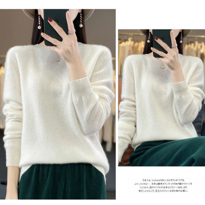 100% Merino Wool Sweater Women O-neck Cashmere Knitwear Female Pullover Autumn Winter Casual Tops Solid Color Soft  Clothing