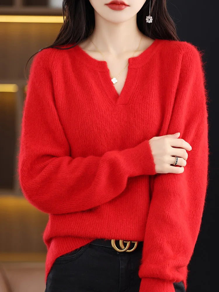 Elegant V-Neck Mink Cashmere Sweater