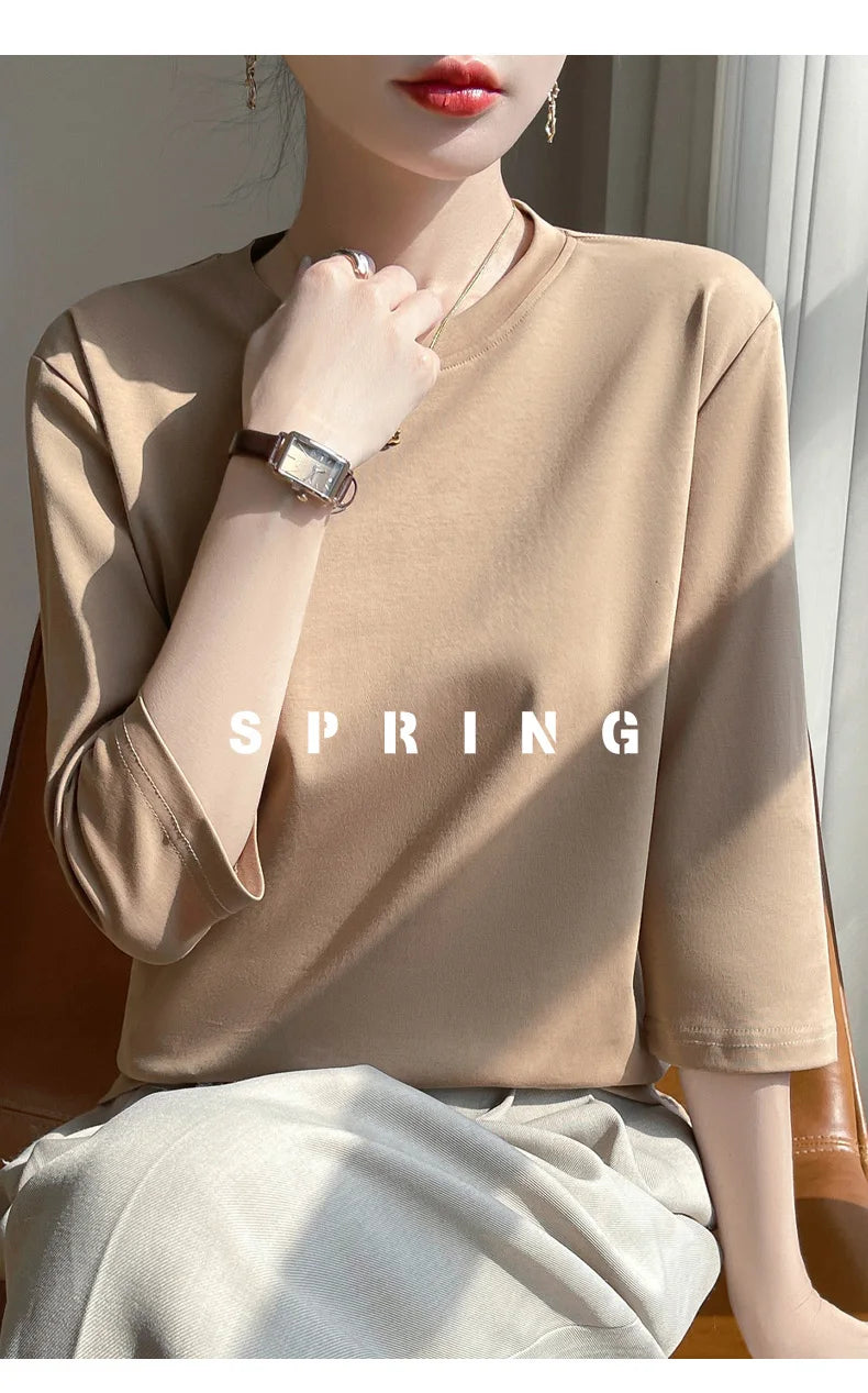 Mercerized Cotton Cropped Sleeve Female Spring And Summer 2023 New Round Neck Loose 100% Cotton Short Sleeve Bottoming T-Shirt