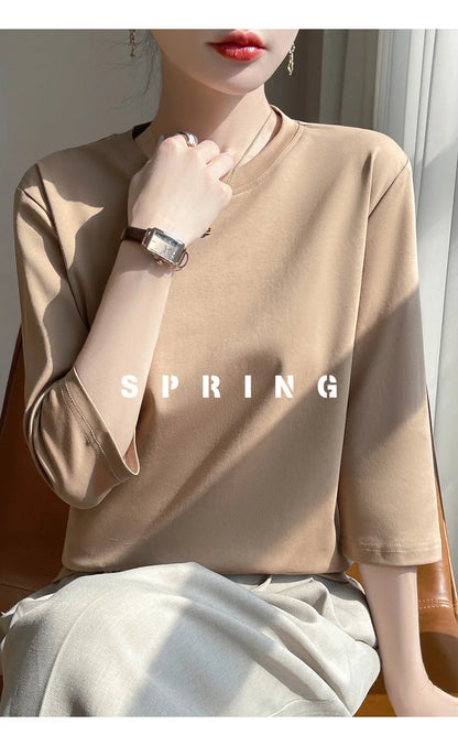 Mercerized Cotton Cropped Sleeve Female Spring And Summer 2023 New Round Neck Loose 100% Cotton Short Sleeve Bottoming T-Shirt
