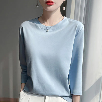 Mercerized Cotton Cropped Sleeve Female Spring And Summer 2023 New Round Neck Loose 100% Cotton Short Sleeve Bottoming T-Shirt