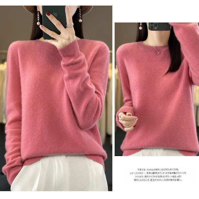 100% Merino Wool Sweater Women O-neck Cashmere Knitwear Female Pullover Autumn Winter Casual Tops Solid Color Soft  Clothing