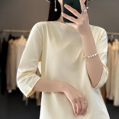 Mercerized Cotton Cropped Sleeve Female Spring And Summer 2023 New Round Neck Loose 100% Cotton Short Sleeve Bottoming T-Shirt