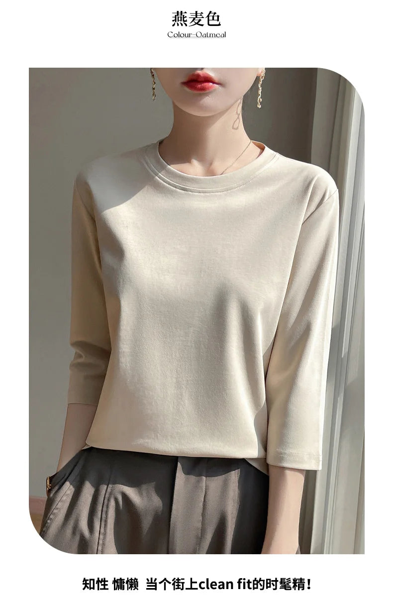 Mercerized Cotton Cropped Sleeve Female Spring And Summer 2023 New Round Neck Loose 100% Cotton Short Sleeve Bottoming T-Shirt