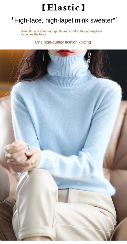 New Women's Clothing For Autumn/Winter 2024 100% Mink Plush Turtleneck Pullover Sweater Ladies Cashmere Sweater Dbr-018