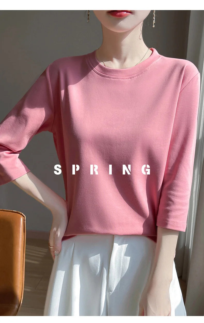 Mercerized Cotton Cropped Sleeve Female Spring And Summer 2023 New Round Neck Loose 100% Cotton Short Sleeve Bottoming T-Shirt