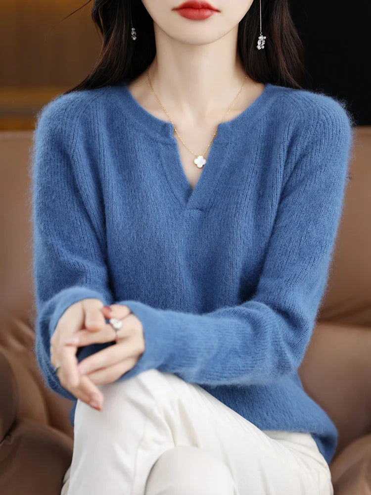 Elegant V-Neck Mink Cashmere Sweater