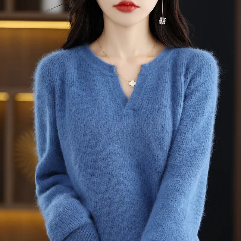 Elegant V-Neck Mink Cashmere Sweater