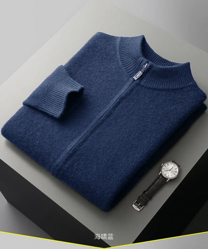100% Merino Wool Men's Warm Sweater Mock Collar Thickened Zippered Cardigan Autumn Winter New Cashmere Knitted Long Sleeve Tops