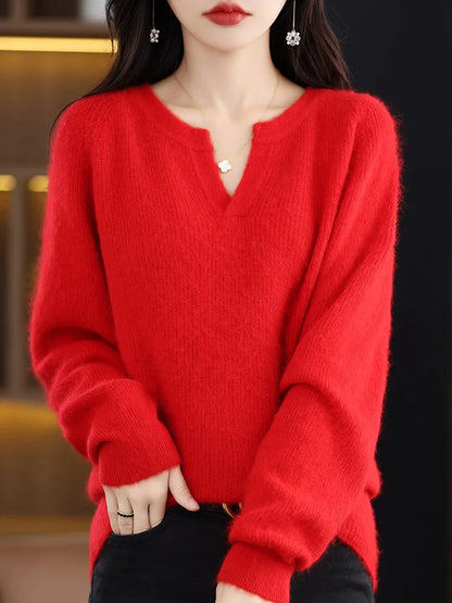 Elegant V-Neck Mink Cashmere Sweater