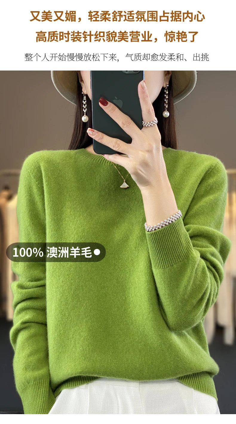 100% Merino Wool Sweater Women O-neck Cashmere Knitwear Female Pullover Autumn Winter Casual Tops Solid Color Soft  Clothing