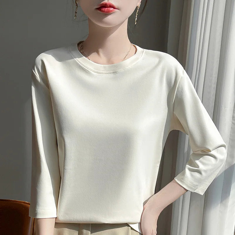 Mercerized Cotton Cropped Sleeve Female Spring And Summer 2023 New Round Neck Loose 100% Cotton Short Sleeve Bottoming T-Shirt