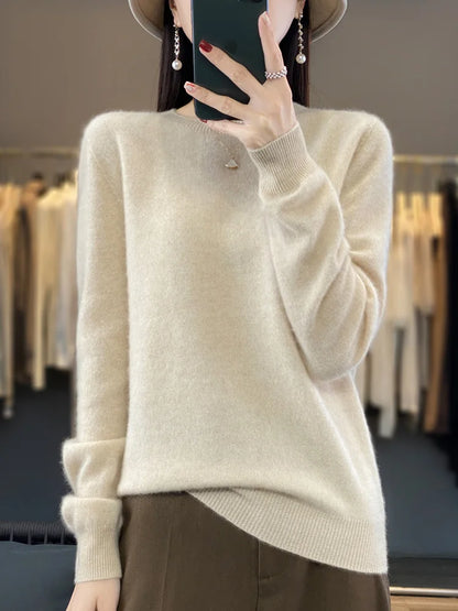 100% Merino Wool Sweater Women O-neck Cashmere Knitwear Female Pullover Autumn Winter Casual Tops Solid Color Soft  Clothing