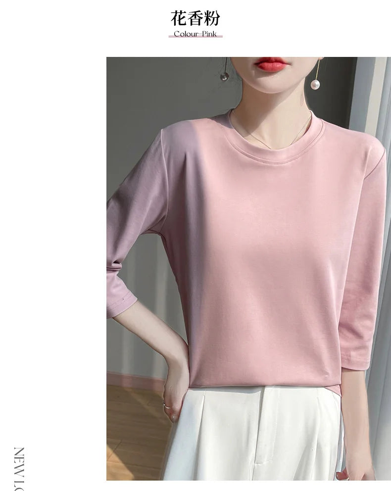 Mercerized Cotton Cropped Sleeve Female Spring And Summer 2023 New Round Neck Loose 100% Cotton Short Sleeve Bottoming T-Shirt
