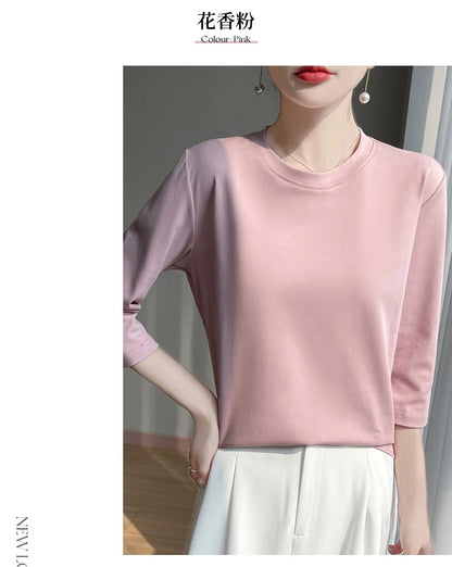 Mercerized Cotton Cropped Sleeve Female Spring And Summer 2023 New Round Neck Loose 100% Cotton Short Sleeve Bottoming T-Shirt