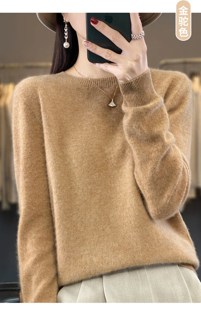 100% Merino Wool Sweater Women O-neck Cashmere Knitwear Female Pullover Autumn Winter Casual Tops Solid Color Soft  Clothing